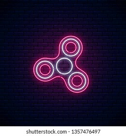 Glowing neon sign of fidget spinner on dark brick wall background. Hand rotation antistress toy for relax. Twist bauble to making tricks. Neon style vector illustration.