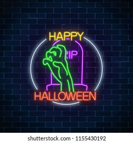 Glowing neon sign of halloween banner design with bony hand from grave on dark brick wall background. Bright halloween night scary sign neon style. Vector illustration.
