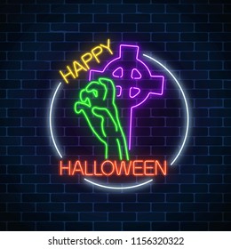 Glowing neon sign of halloween banner design with bony hand from grave with tombstone cross on dark brick wall background. Bright halloween night scary sign neon style. Vector illustration.