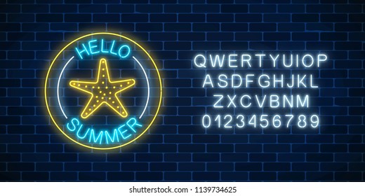 Glowing neon sign of hello summer banner with sea star symbol and alphabet in circle frames on dark brick wall background. Summer leisure club emblem. Vector illustration.