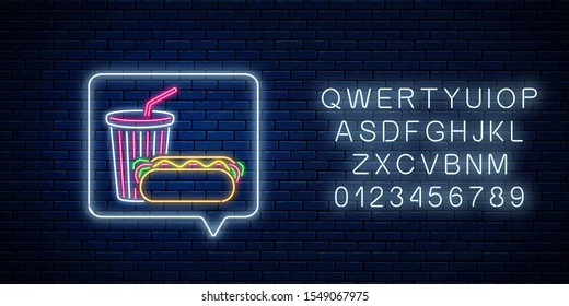 Glowing neon sign of hot dog and soda drink cup in message notification frame with alphabet. Food and drink symbol in speech bubble in neon style. Vector illustration.
