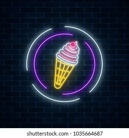 Glowing neon sign of ice cream cone in circle frames on dark brick wall background. Fruit ice-cream in waffle cone. City neon advertising street sign. Vector illustration.