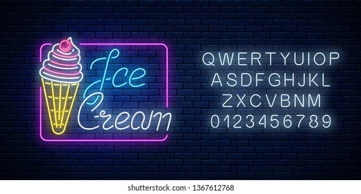 Glowing neon sign of ice cream with cherry and alphabet on dark brick wall background. Fruit ice-cream in waffle cone. City neon advertising street sign. Vector illustration.