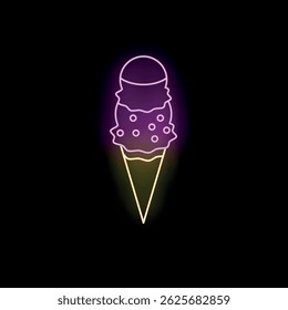 Glowing neon sign of an ice cream cone with three scoops and sprinkles is lighting up the night