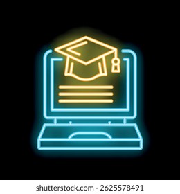 Glowing neon sign icon depicting online education with a graduation cap on a laptop screen
