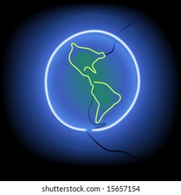 A glowing, neon sign illustration of the earth on a black wall, western hemisphere. Maybe an icon.