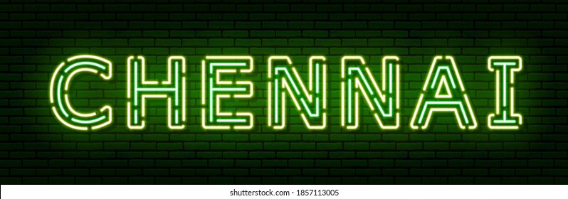 Glowing neon sign with the inscription of the Indian city of Chennai. In green and yellow colors. Against a brick wall. All elements are isolated.