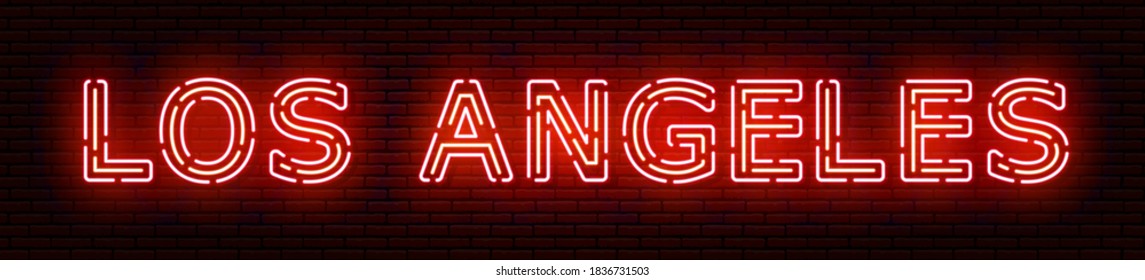 Glowing neon sign with the inscription of the USA city of Los Angeles. In red and orange colors. Against a brick wall. All elements are isolated.