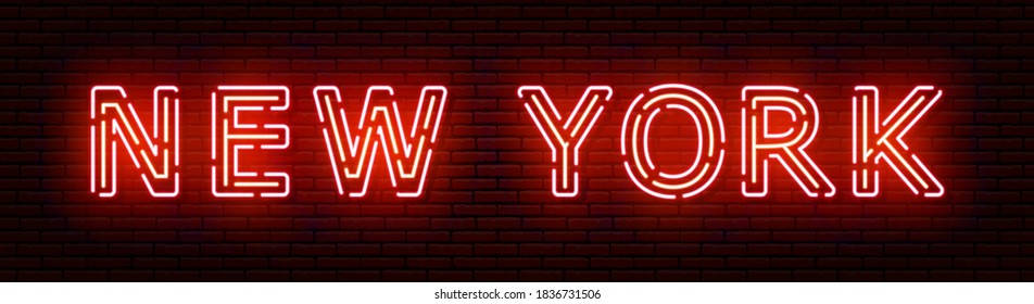 Glowing neon sign with the inscription of the USA city of New York. In red and orange colors. Against a brick wall. All elements are isolated.