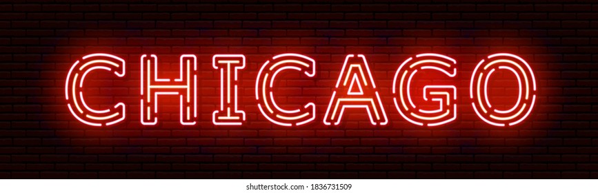 Glowing neon sign with the inscription of the USA city of Chicago. In red and orange colors. Against a brick wall. All elements are isolated.