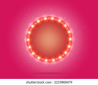 Glowing neon sign with glowing light bulbs. Glowing round frame on pink background. Vector illustration.