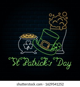 Glowing neon sign with luminic leprechaun hat , beer glass and gold pot for happy saint patrick's day celebration. Vector isolated led signboard with clover for irish pub background.