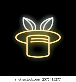 Glowing neon sign of a magician's top hat with rabbit ears appearing from inside