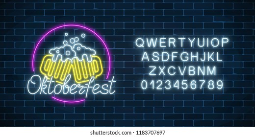 Glowing neon sign of octoberfest festival with two beer mugs with alphabet on dark brick wall background. Beer fest logo. Vector illustration.