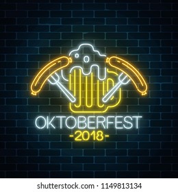 Glowing neon sign of oktoberfest festival with beer mug and sausages on dark brick wall background. Beer fest logo. Vector illustration.