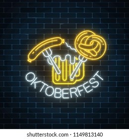 Glowing neon sign of oktoberfest festival with beer mug, sausage and pretzel on dark brick wall background. Beer autumn fest logo. Vector illustration.