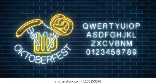 Glowing neon sign of oktoberfest festival with beer mug, sausage, pretzel and alphabet on dark brick wall background. Beer autumn fest logo. Vector illustration.