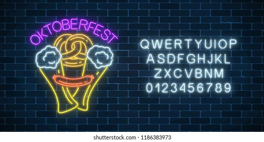 Glowing neon sign of oktoberfest festival with beer glasses, sausage and alphabet on dark brick wall background. Beer autumn fest logo. Vector illustration.