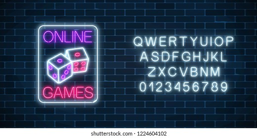 Glowing neon sign of online casino application with dice symbol in rectangle frame with alphabet on dark brick wall background. Casino bright signboard. Internet gambling banner. Vector illustration.