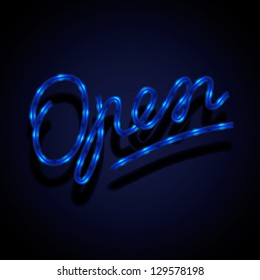 Glowing neon sign - Open, vector illustration.