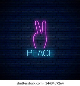 Glowing neon sign of peace gesture on dark brick wall background. Vector illustration of hippie symbol in neon style.