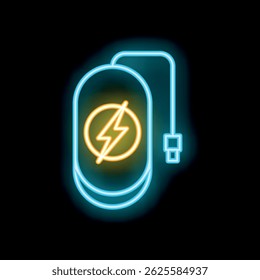Sinal de néon brilhante de um banco de energia carregando com um símbolo de raio, representando energia e energia portáteis