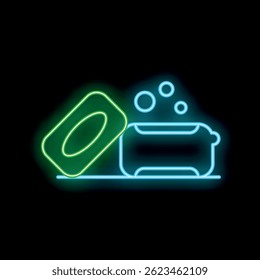 Glowing neon sign representing a bar of soap and a bathtub full of water with bubbles, concept of hygiene and cleanliness