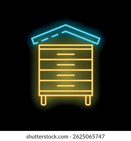 Glowing neon sign representing a beehive with roof for producing honey on a black background