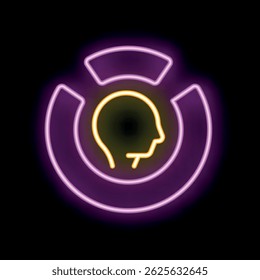 Glowing neon sign representing customer retention with head silhouette inside marketing pie chart