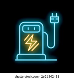 Glowing neon sign representing an electric vehicle charging station on a black background