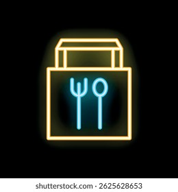 Glowing neon sign representing a food delivery bag with fork and spoon inside, perfect for food delivery services