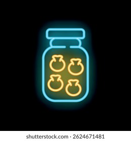 Glowing neon sign representing a jar filled with money bags, symbolizing savings, wealth, and financial security
