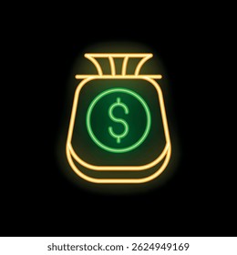 Glowing neon sign representing a money bag with dollar sign, perfect for representing wealth and finance concepts