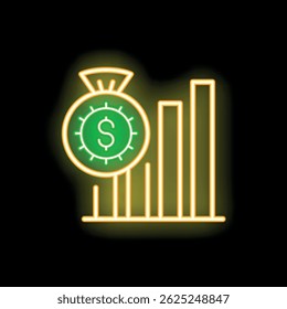 Glowing neon sign representing a money bag and increasing statistics chart bars, suggesting financial growth