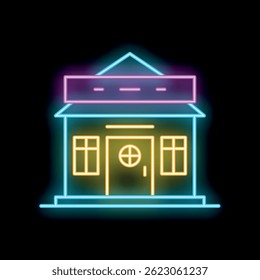 Glowing neon sign representing a one storey shop with empty signboard at night