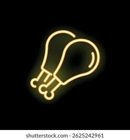 Glowing neon sign representing two chicken legs, a design element evoking fast food restaurants and takeaways