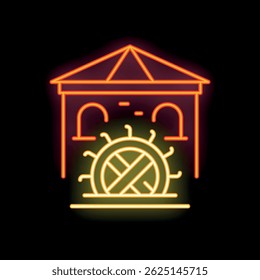 Glowing neon sign representing a watermill building with a big wheel, suggesting a traditional way of grinding grains