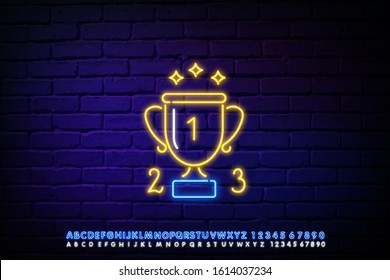 A glowing neon sign with a reward Cup against a dark brick wall. Winner's Cup honorary trophy neon symbol. Top. Vector illustration with neon letters.