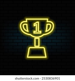 Uma placa de néon brilhante com uma taça de recompensa contra uma parede de tijolos escuros. Símbolo de néon do troféu honorário da Taça dos Vencedores. Topo. Ilustração vetorial com letras de néon..4