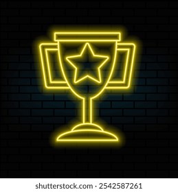 A glowing neon sign with a reward Cup against a dark brick wall. Winner's Cup honorary trophy neon symbol. Vector illustration with neon letters..