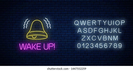 Glowing neon sign with ringing bell and wake up text with alphabet on dark brick wall background. Call to action symbol with cheering inscription. Its time to wake up. Vector illustration.