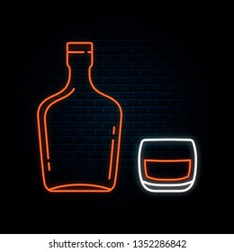 Glowing neon sign with rum bottle and glass. Vector isolated illustration. Icon for night alcohol bar background. Led luminous pub signboard.