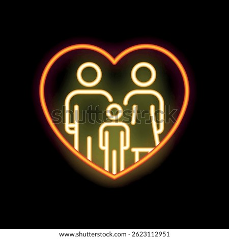 Glowing neon sign in the shape of a heart containing a family of three, representing love, care, and unity