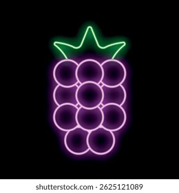 Sinal de néon brilhante na forma de uma framboesa, com círculos rosa brilhantes e um tronco verde, colocado contra um fundo preto
