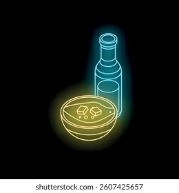 Glowing neon sign showcasing a bowl of miso soup with tofu and a bottle of sake against a dark backdrop