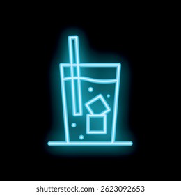 Glowing neon sign showing a glass of water with ice and a straw, perfect for representing refreshment