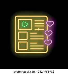 Glowing neon sign showing a mobile app interface with a video player, text and three likes