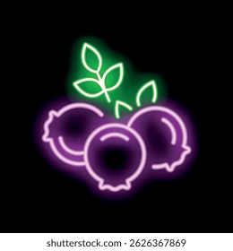 Glowing neon sign showing three blueberries with leaves, a vibrant and eye catching design