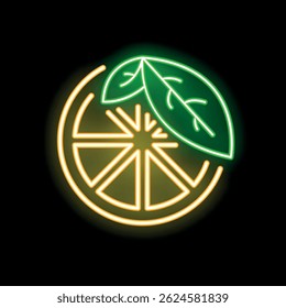 Glowing neon sign of a sliced orange with leaves, representing freshness and vitamin c
