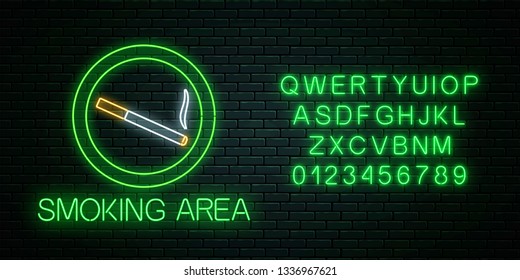 Glowing neon sign of smoking area with alphabet on dark brick wall of nightclub or bar. Nicotine and smoke cigarettes site. Signboard of smoking place. Vector illustration.